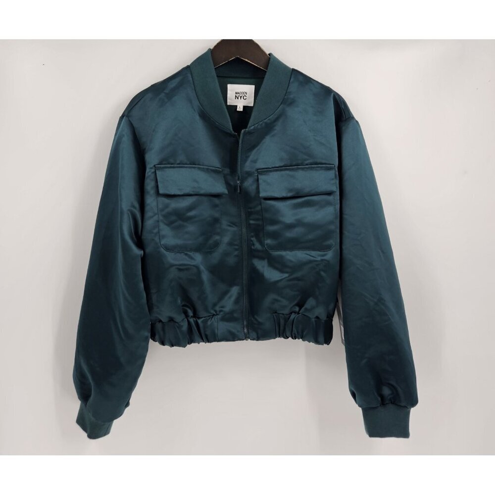 Madden NYC Jacket Womens Green Large 11-13 Cropped Full Zip Elastic Waist